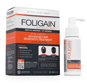 ミノキシジル5%とTRIOXIDIL 5%配合のFOLIGAIN男性用外用トリートメントの箱とスプレーボトル。