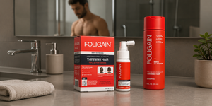洗面台の上に並べられたFOLIGAIN男性用TRIOXIDIL外用トリートメントとシャンプー。