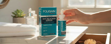 洗面台の上にあるFOLIGAIN DHTセラムのボトルと箱、そのスポイト付きキャップを持つ手。