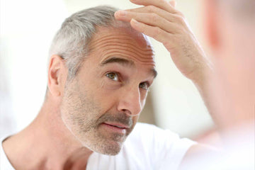 鏡で生え際を確認する男性。