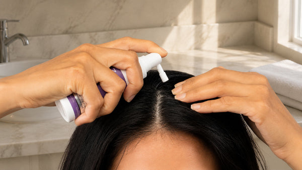 髪を分け、FOLIGAINの外用トリートメントを頭皮に塗る女性。
