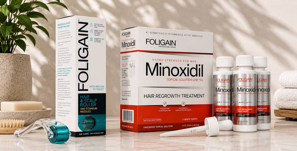 ボトル、箱、スポイトを含むミノキシジル5%キットと、その横にあるFOLIGAINヘア＆スカルプローラー。