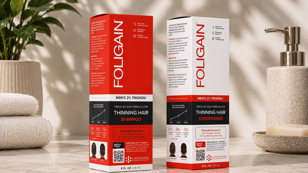 TRIOXIDIL 2%配合のFOLIGAIN男性用シャンプーとコンディショナーの箱。