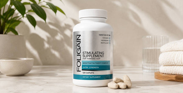 薄毛用のFOLIGAINスティミュレーティングサプリメントのボトルと、その横に置かれたカプレット錠。