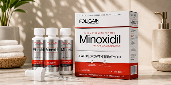 ボトル3本、箱、スポイトが付いたFOLIGAINミノキシジル5%の3か月分パック。
