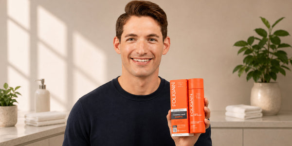 TRIOXIDIL 2%配合のFOLIGAIN男性用トリプルアクションシャンプーのボトルと箱を持つ男性。