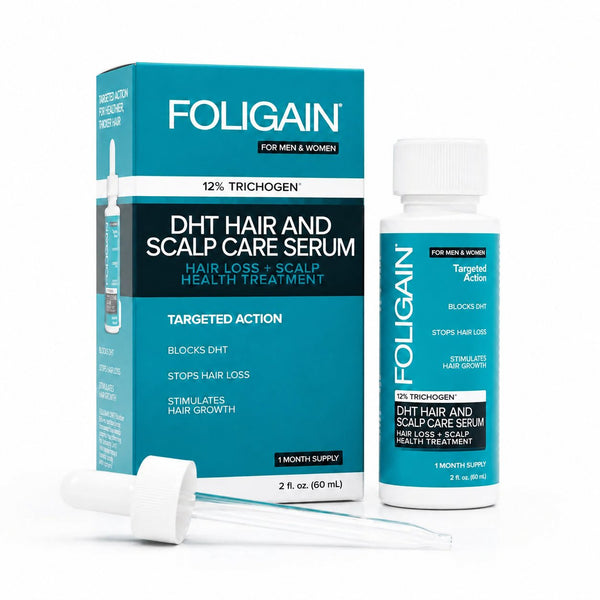 TRICHOGEN 12%配合のFOLIGAIN DHTヘア＆スカルプケアセラム、60 mLのボトル、箱、スポイト。